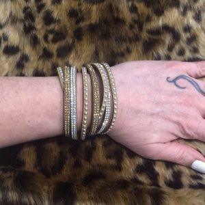 Leather wrap stud and rhinestone bracelet